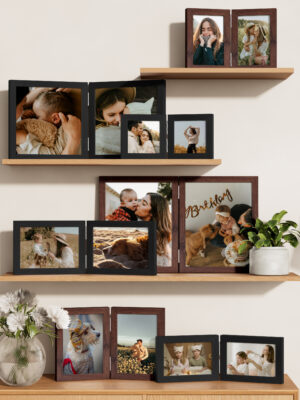Vittanly Double Picture Frame, Hinged 2 Opening MDF Photo Frames with Plexiglass, Tabletop Stand