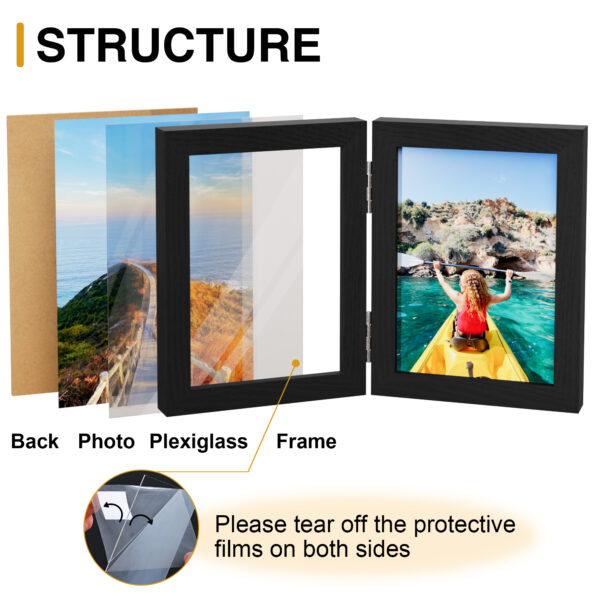 Vittanly Double Picture Frame, Hinged 2 Opening MDF Photo Frames with Plexiglass, Tabletop Stand