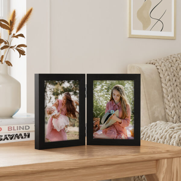 Vittanly Double Picture Frame, Hinged 2 Opening MDF Photo Frames with Plexiglass, Tabletop Stand