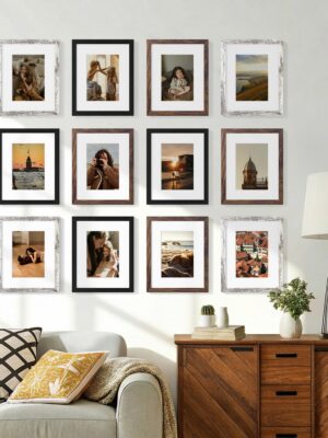 Vittanly Picture Frames Set of 12, Engineered Wood with Shatter Resistant Plexiglass, Wall or Tabletop Photo Frames