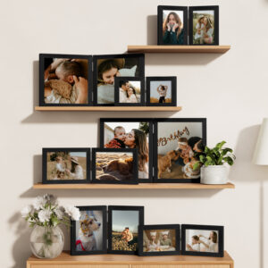 Vittanly Double Picture Frame, Hinged 2 Opening MDF Photo Frames with Plexiglass, Tabletop Stand