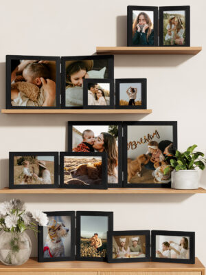 Vittanly Double Picture Frame, Hinged 2 Opening MDF Photo Frames with Plexiglass, Tabletop Stand