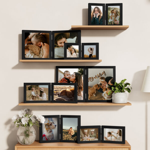 Vittanly Double Picture Frame, Hinged 2 Opening MDF Photo Frames with Plexiglass, Tabletop Stand
